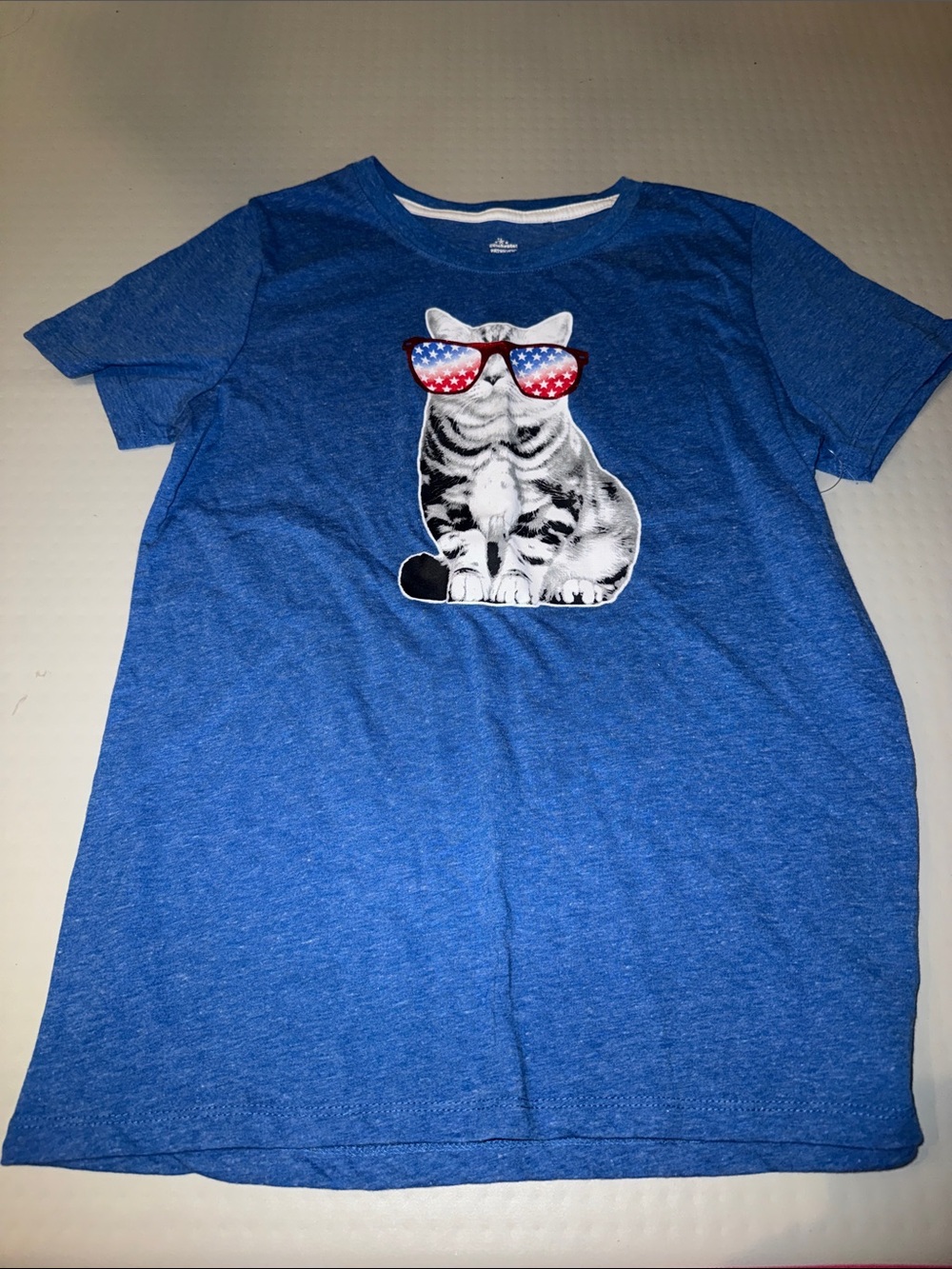 Blue Cat Graphic T-Shirt with American Flag Sunglasses